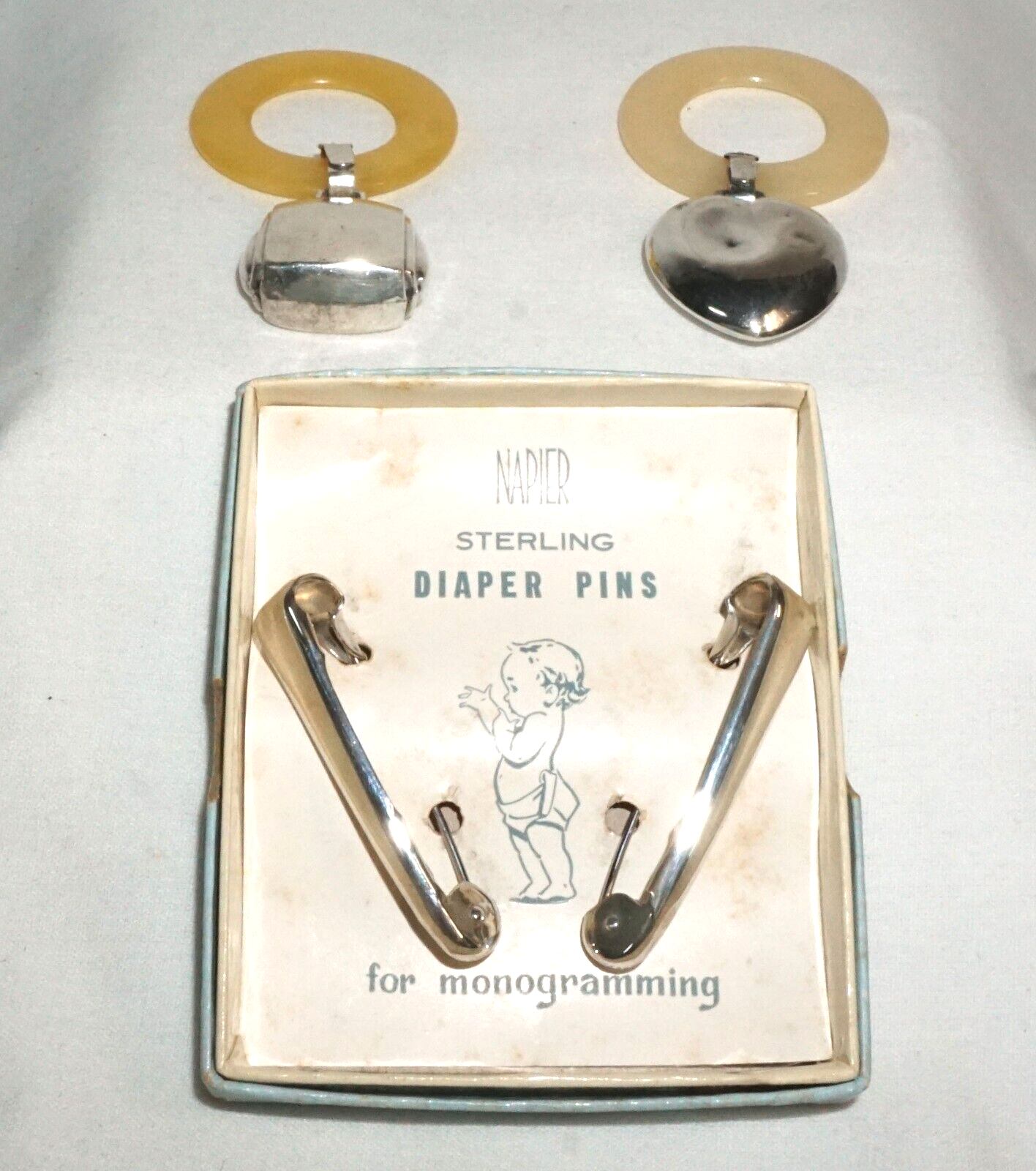 Vintage Baby Teething Rings & Sterling Diaper Pins Combined Lot (MiM)