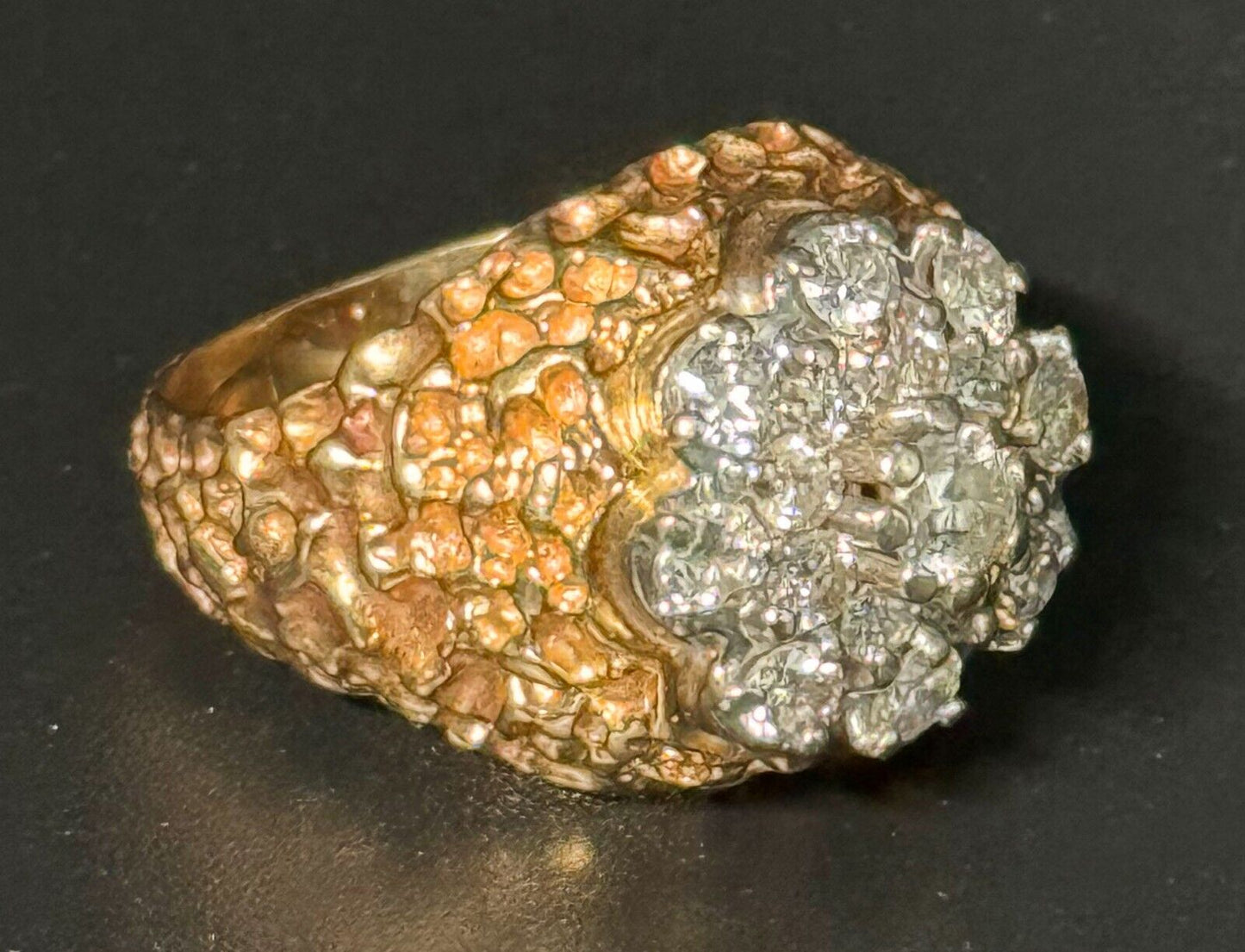 Vintage 14k Yellow Gold Nugget Style Ring Sz 8.5 w 16 Diamond Cluster (MeK)