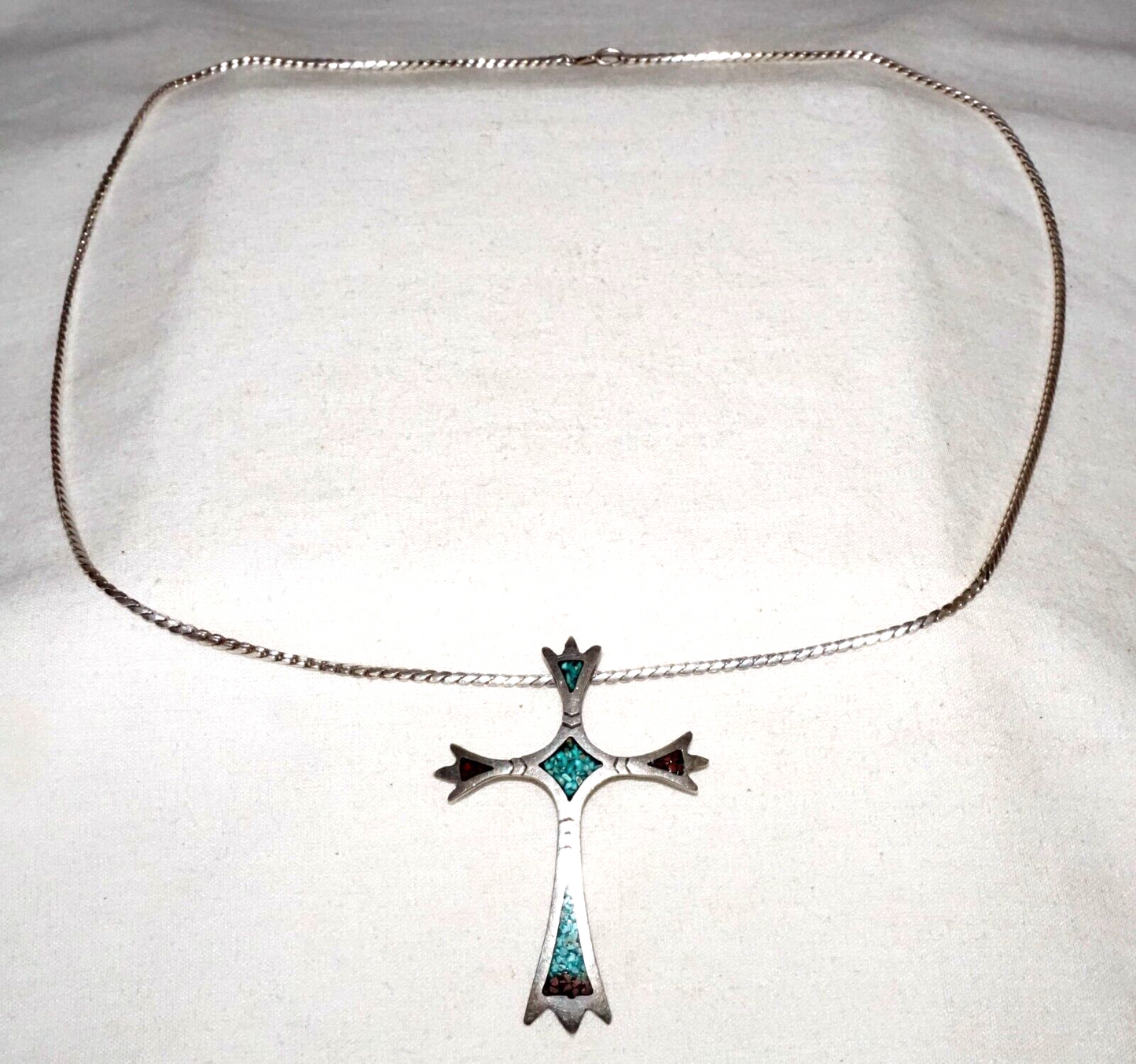 Vtg S.W. US Sterling Silver Necklace & Cross Pendant w. Turquoise & Coral (BeM)