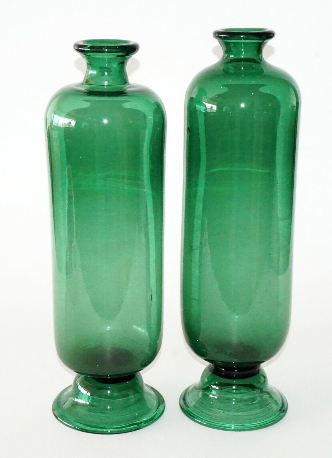 19C Pair English Birmingham 18" Tall Footed Green Glass Bottle Vases (FLA)