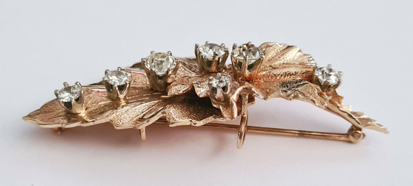 Vintage 18k Yellow Gold Leaf Brooch Pendant 7x Diamonds approx. 4.5ct. (TaE)