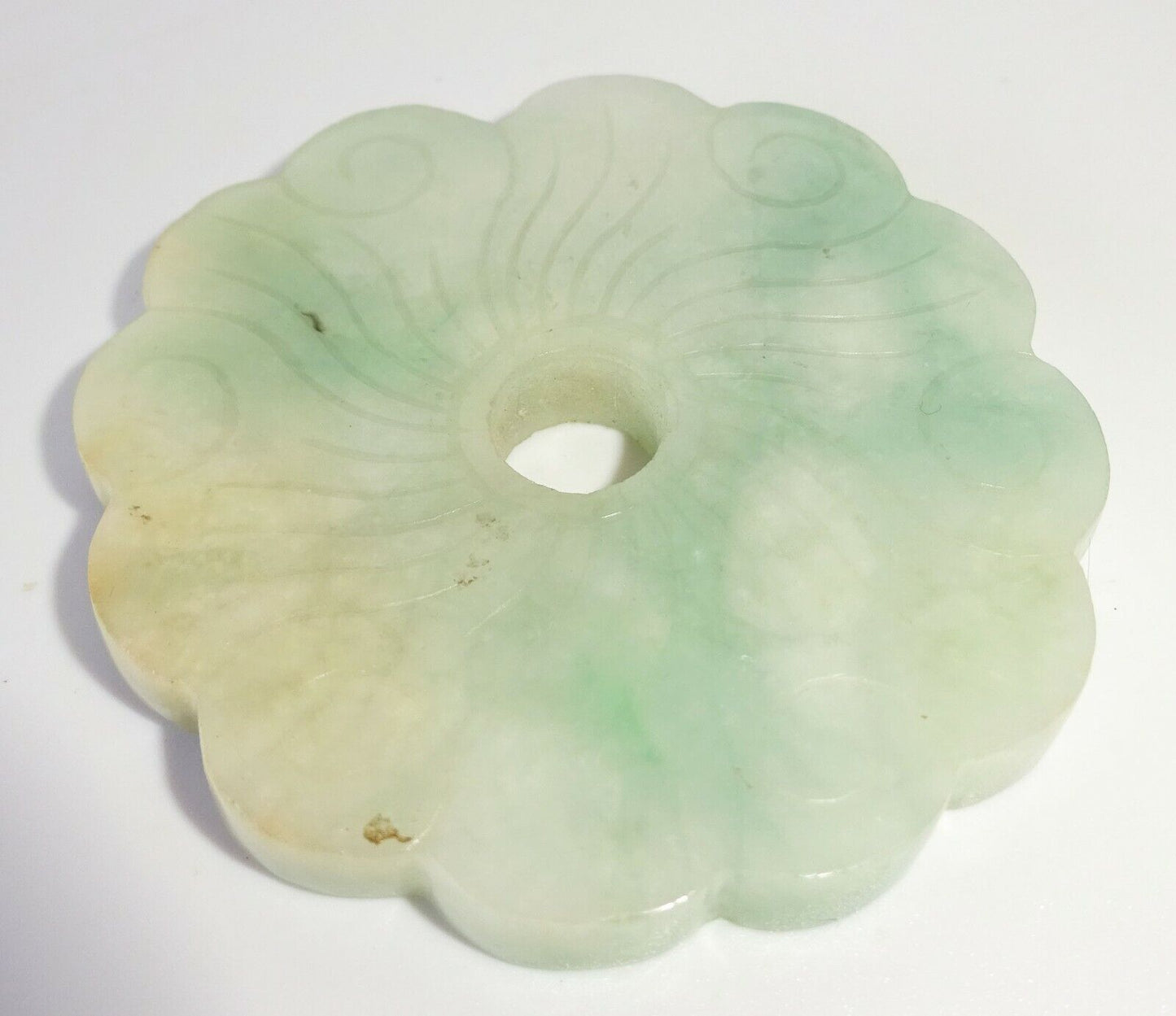 20C Chinese Mottled Jadeite Jade Incised Flower Motif Disk Carving (FeO) #37b