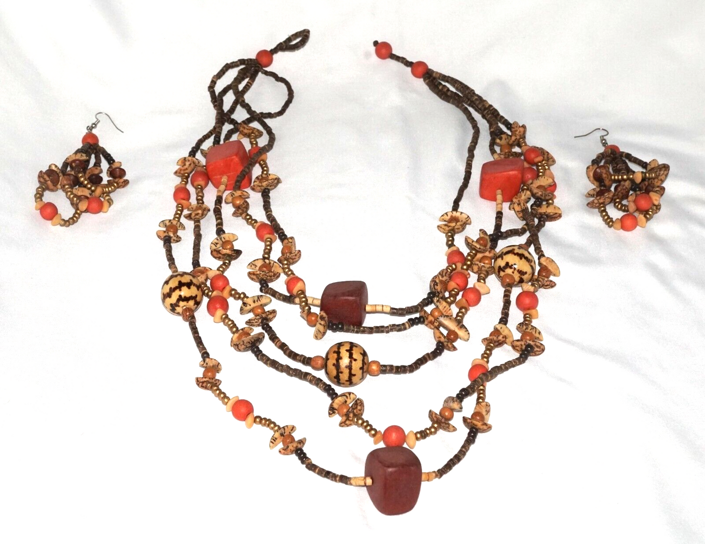 Multi Strand Coconut Shell & Orange Bead Ethnic Necklace & Earrings (MaM)6