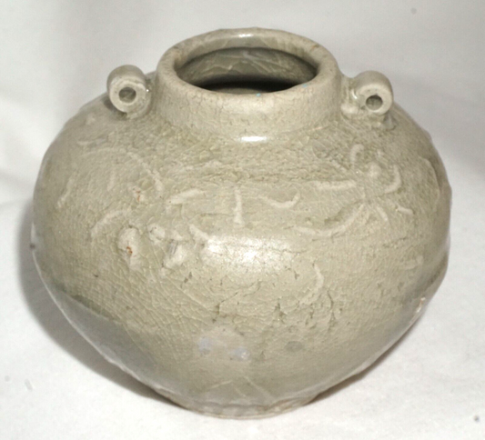 Chinese Song or Early Ming Pottery Jarlet Relief Floral Celadon (JSt)34 IC