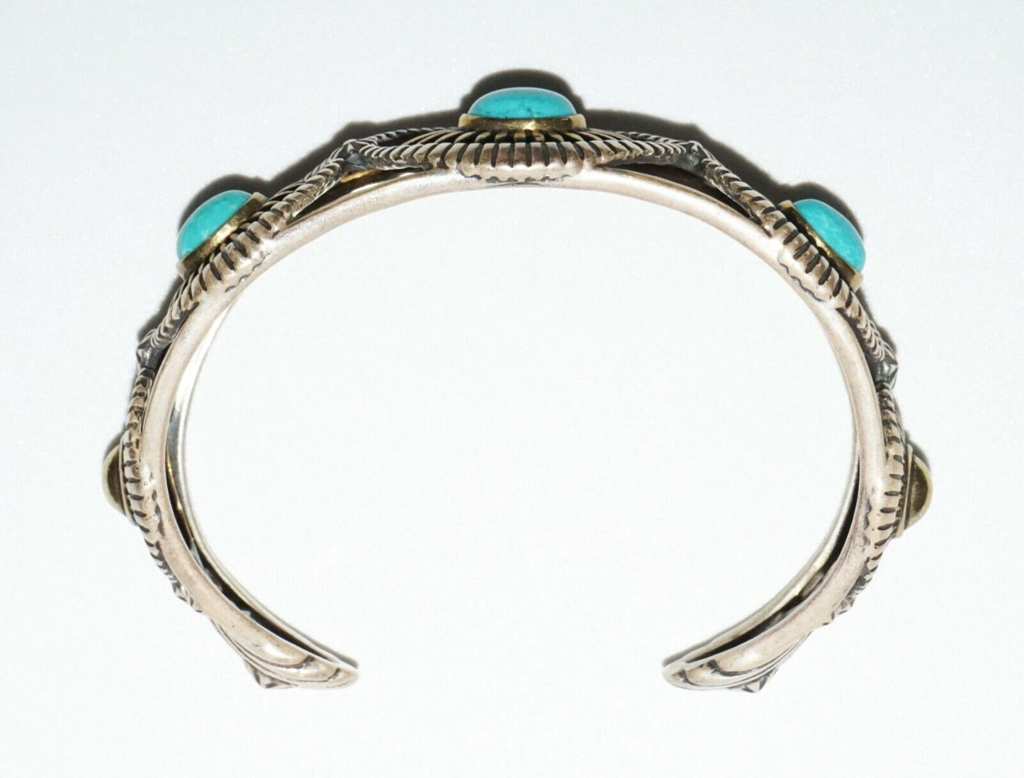 Vintage S.W. Sterling Silver & Brass Bracelet w. Turquoise by Relios (SaR)#218