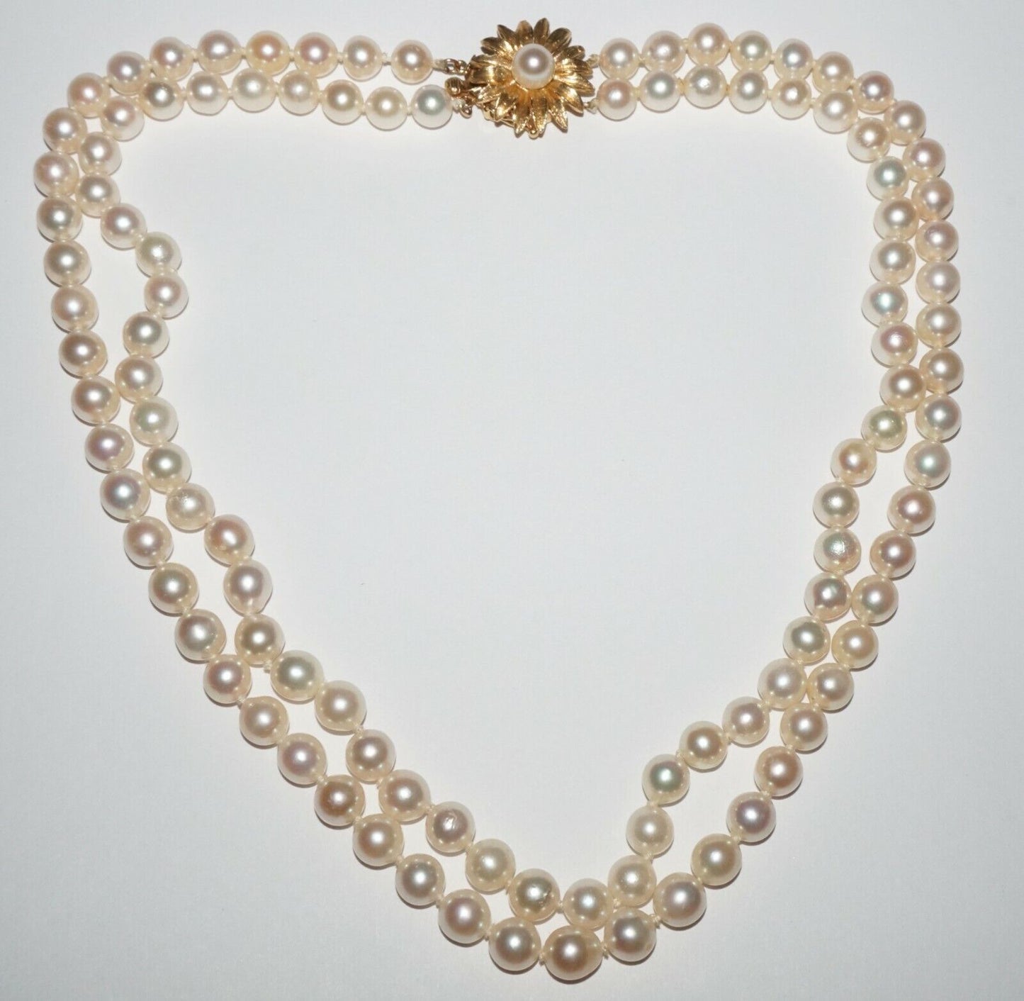 Vtg Chinese Double Strand Pearl Necklace w. Yellow Gold Flower Clasp (NaD)#17b