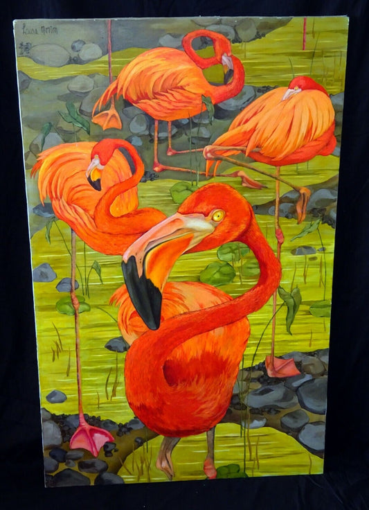 Vintage US Whimsical Acrylic Painting "The Four Flamingos" by Laura Norton (ScD)