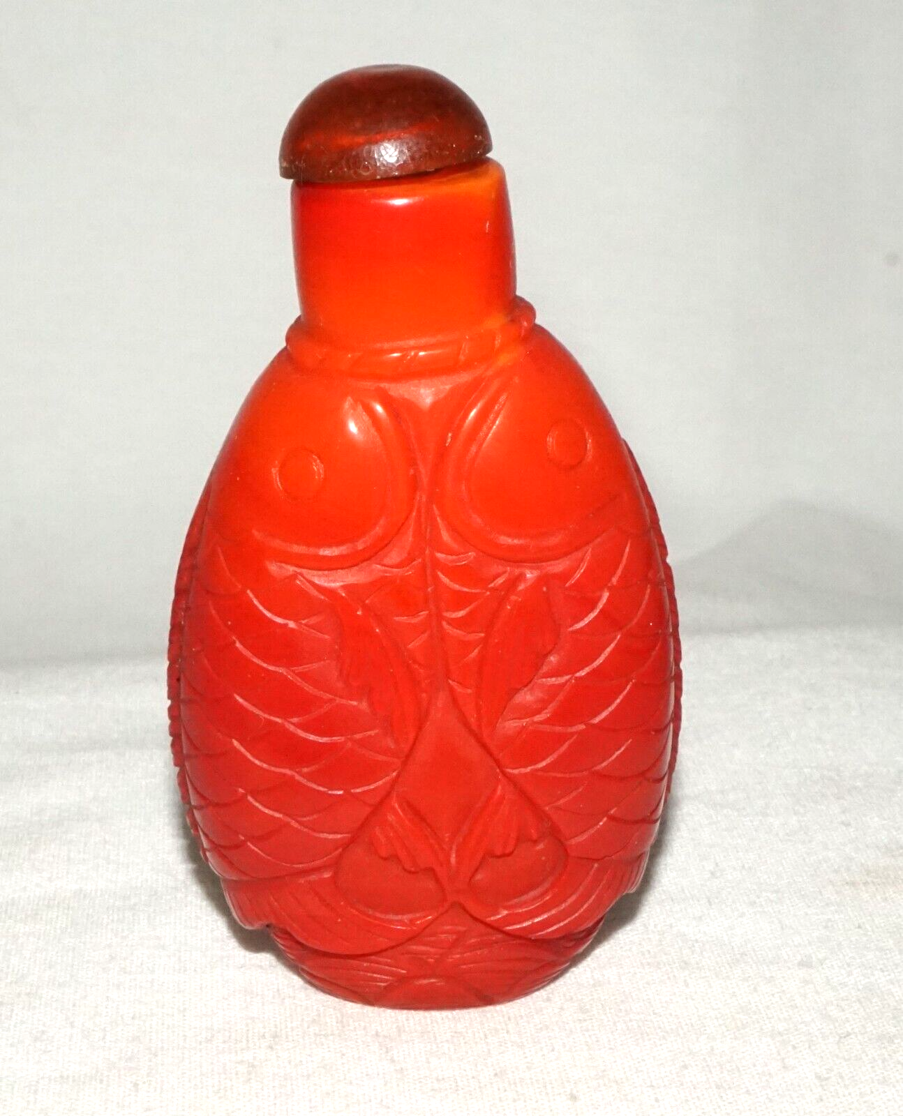 Vintage Chinese Red Glass Snuff Bottle w. Double Leaping Carp Motif (FeH)