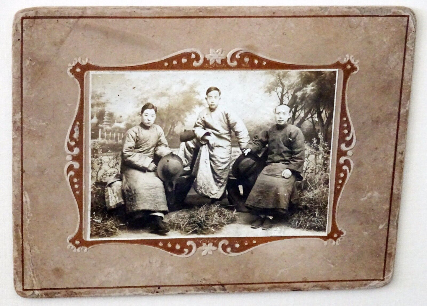 1900 Chinese Framed B&W Photo "Three Brothers in Robes" by unmarked (Mil)