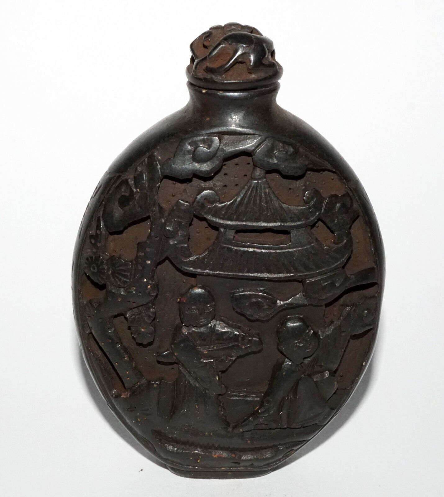 Vintage Chinese Black Lacquer Relief Carved Snuff Bottle Buddhist Motif (LeS) G1