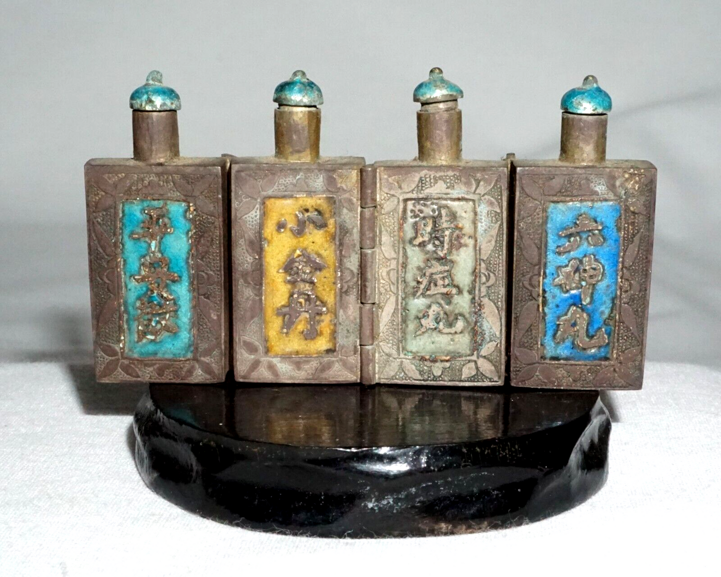 Antique Chinese Silver & Enamel Hinged 4x Snuff Bottle w. Characters (LLA) IC