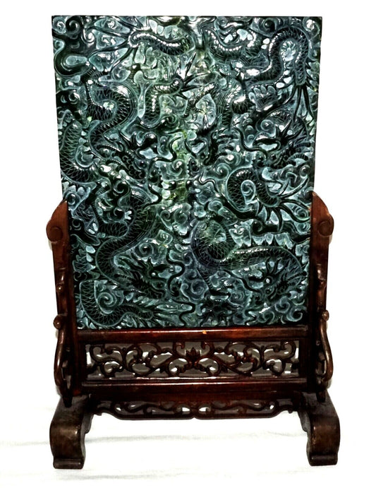 Vintage Chinese Nephrite Jade Table Screen w. Relief Writhing Dragon Stand (LeD)