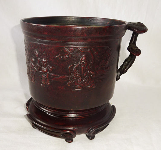 18/19C Chinese Bronze Scholar Motif Brush Pot w. Lingzhi Handle & Stand (808)