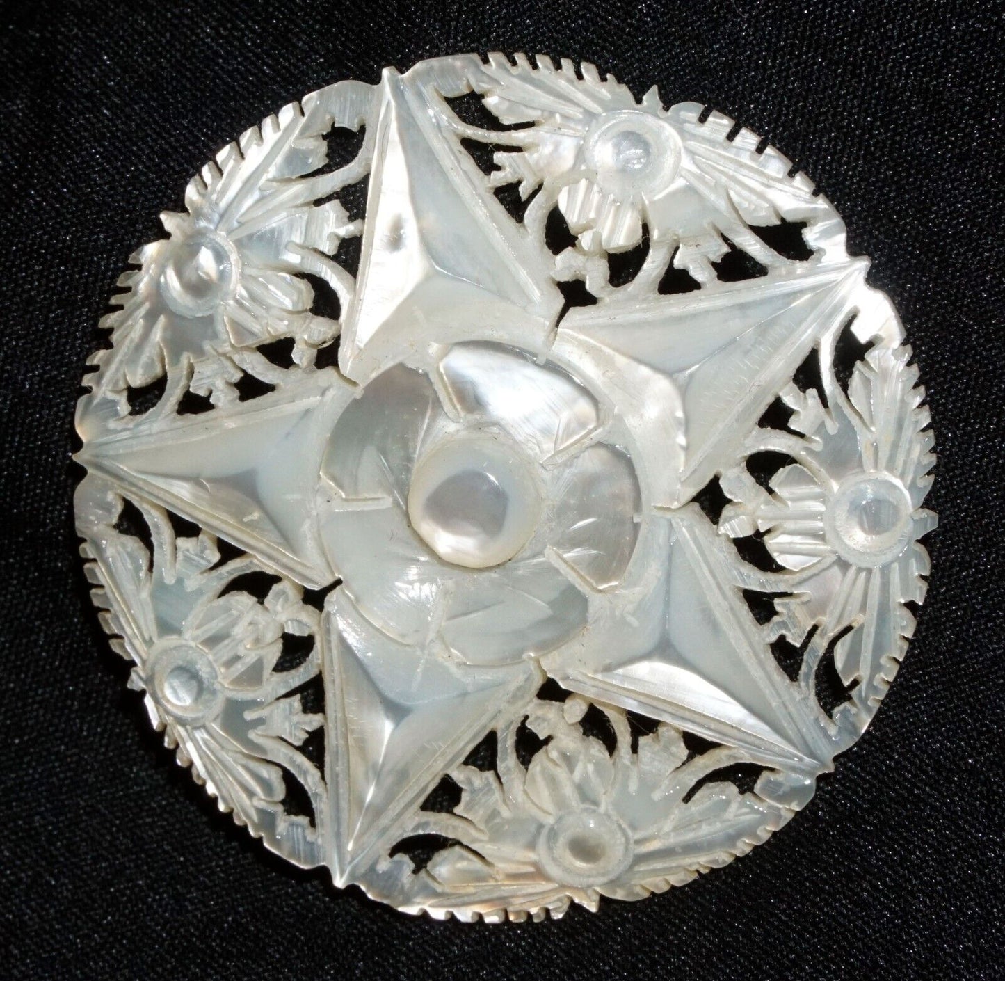 Vintage Mother of Pearl Carved Pierced Star Design Flower Motif Brooch (JoD)