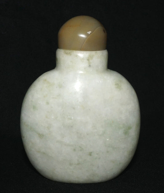 Vintage Chinese White & Green Jadeite Jade Snuff Bottle w. Agate Stop (LeS) G11