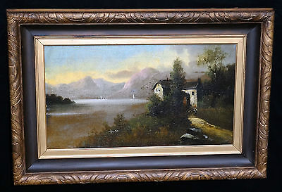 19CT SWISS/ITALIAN OIL PAINTING " VILLA on a LAKE w. BOATS & MOUNTAINS" unsign