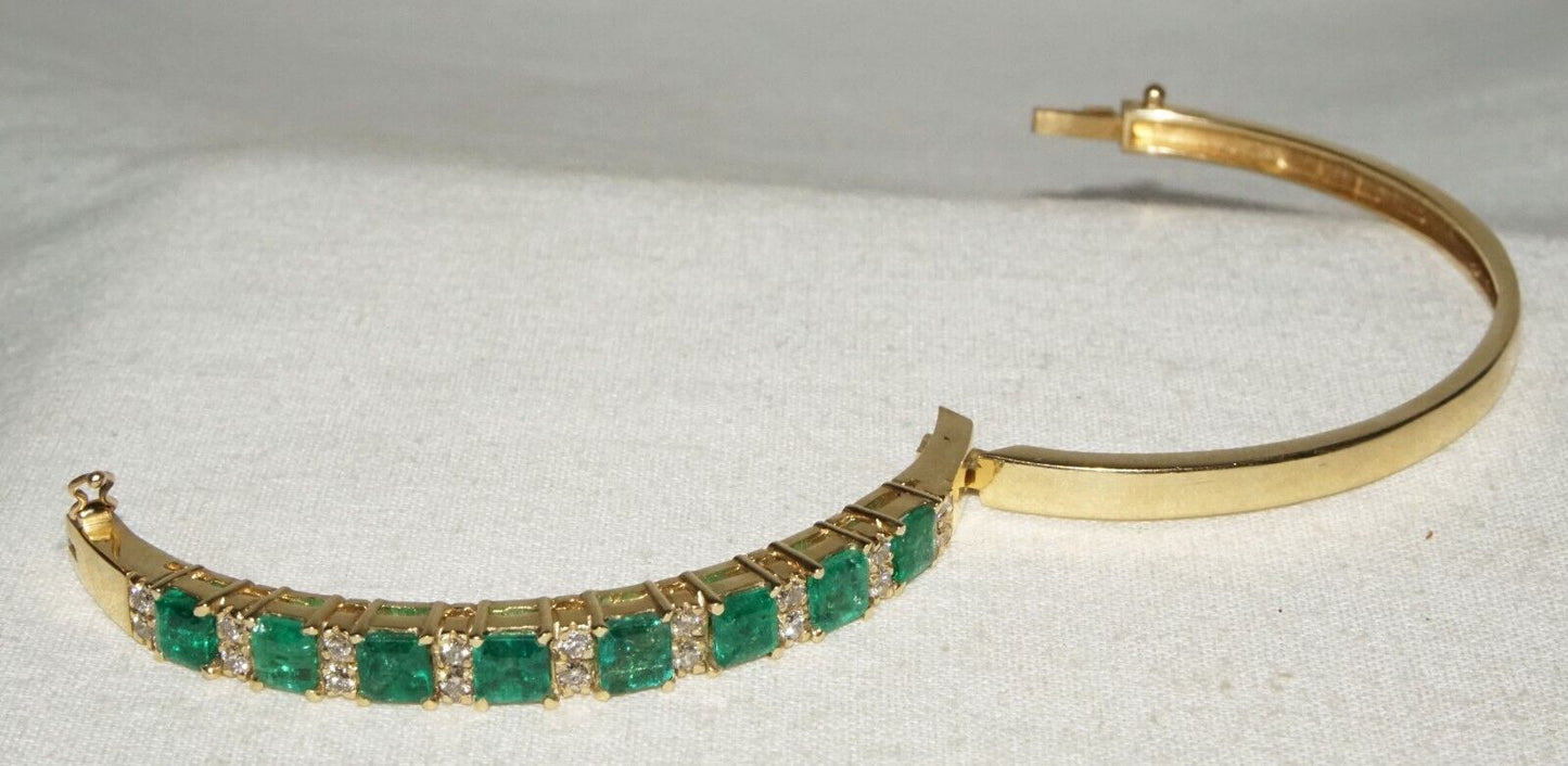 14k Yellow Gold Hinged Bangle Bracelet 4.49ct. Emeralds & 18x Diamonds (GoB) #32