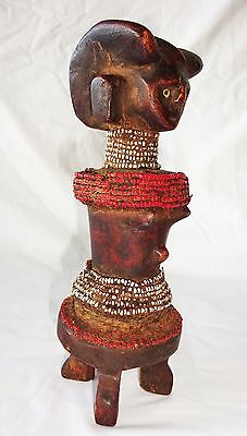 20CT African Zaire Tribal Ancestral Figure Sculpture Carving w Bead Accents(Eic)