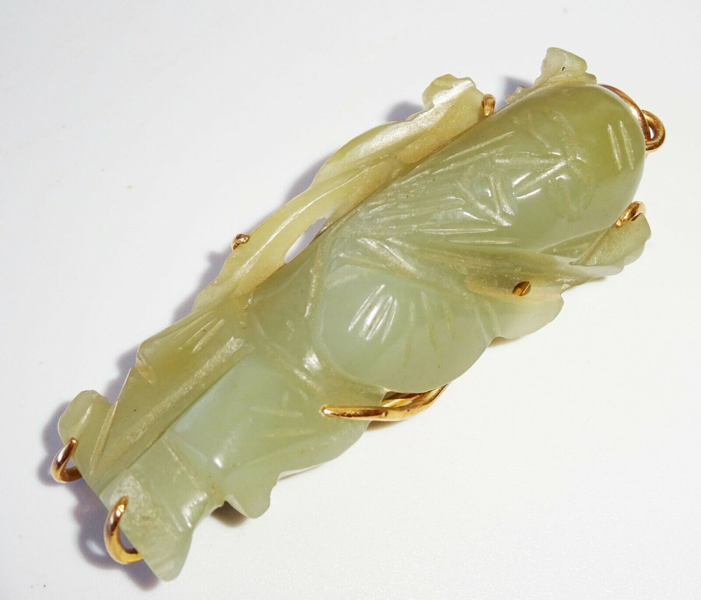 19C Chinese Nephrite Jade Carved 14K Yellow Gold Pendant God Long-life (FeO)#28