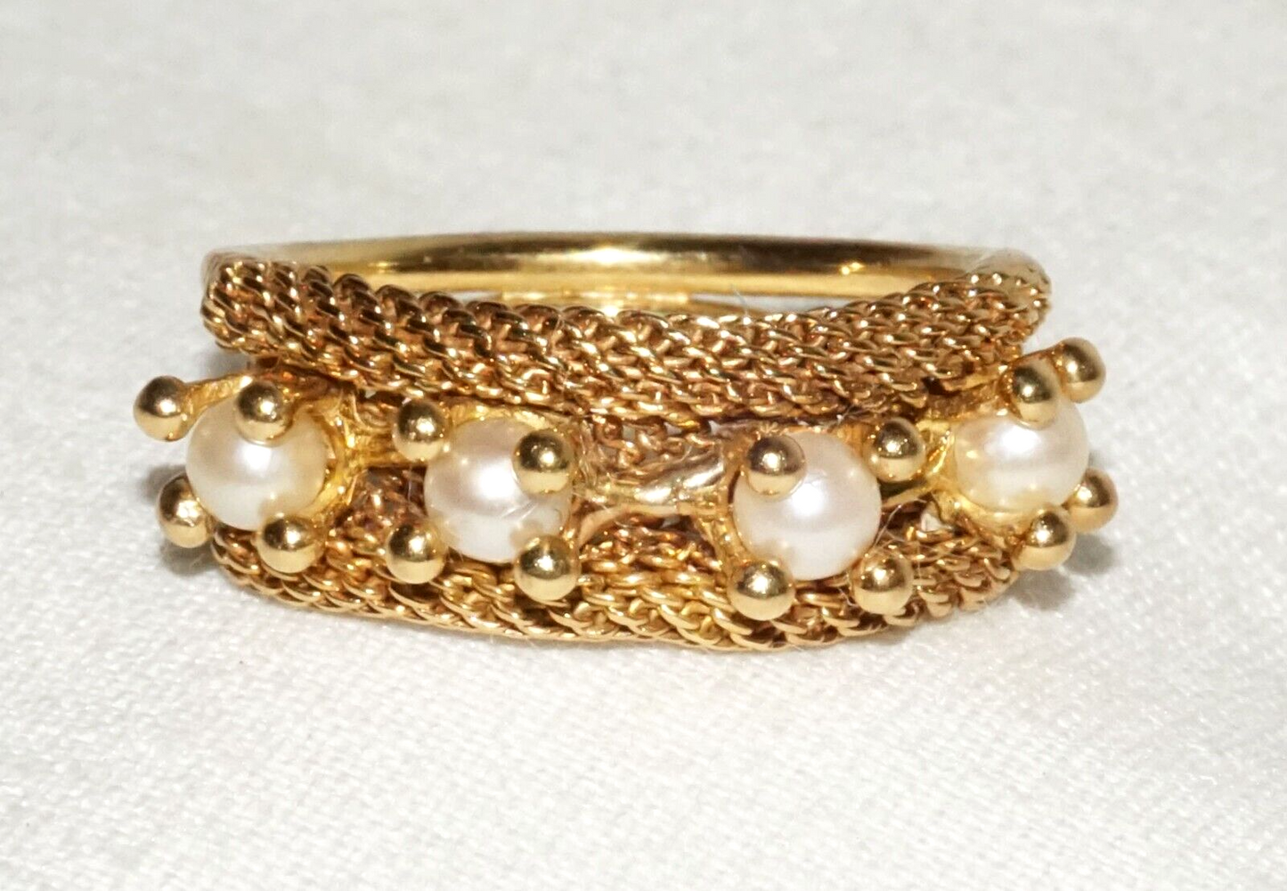 Vintage Yellow Gold Ring Sz.5 w. Woven Accent set w. 4x Pearls (BeM)#3