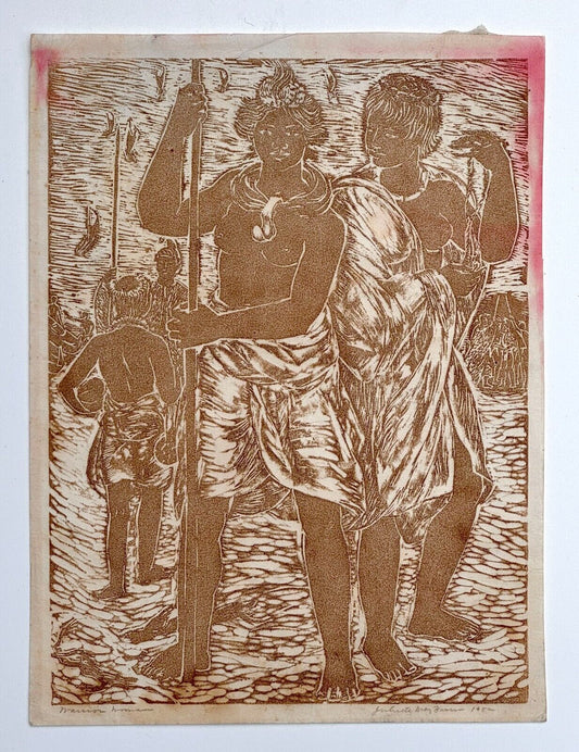 1952 Hawaiian Linocut "Warrior Woman" by Juliette Fraser (KoR)