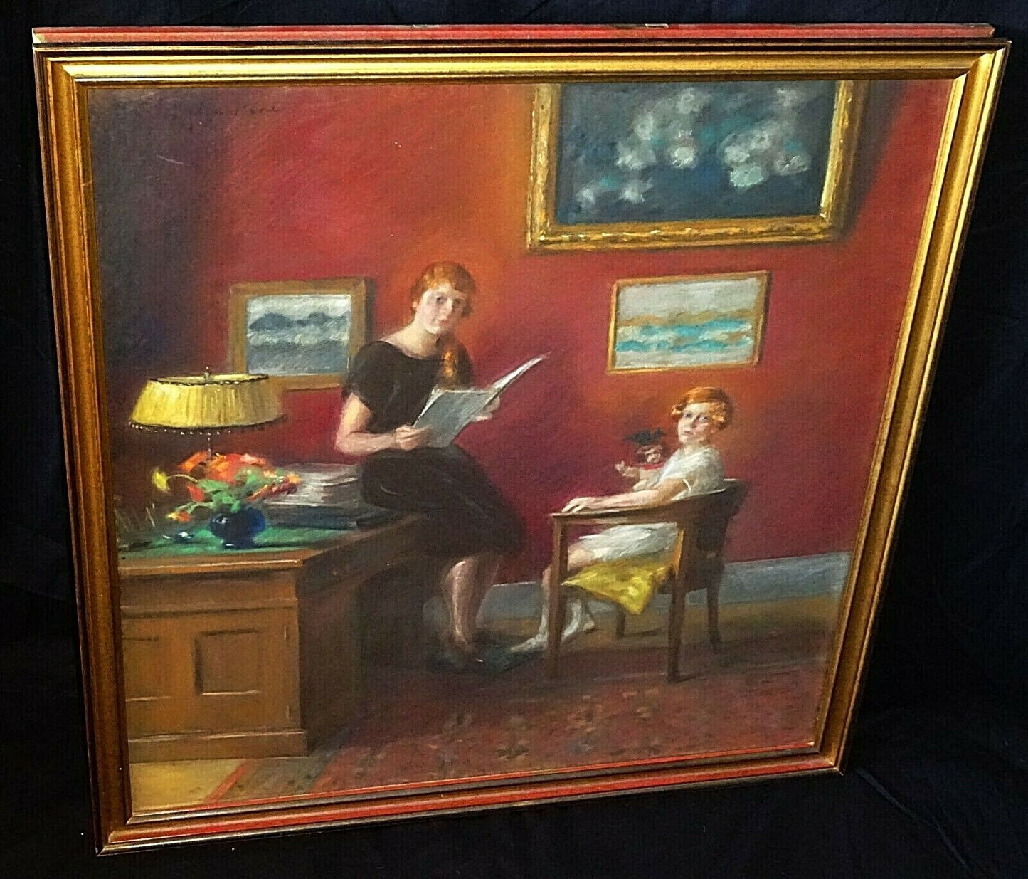 1925 US Pastel Painting Interior w. Mother & Daughter by illegibly signed (ScD)