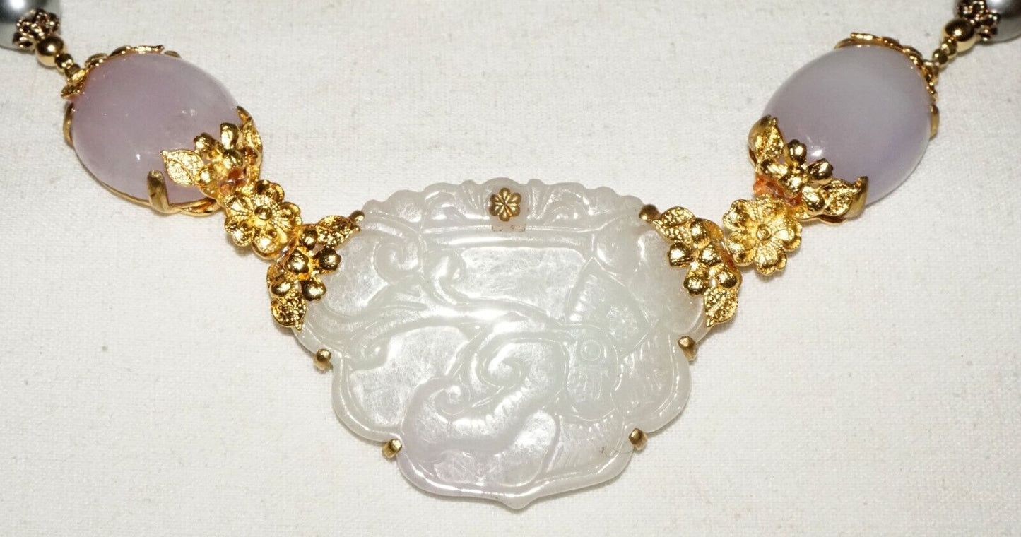 Vtg. Chinese Fashion Necklace White Jade Pendant & 2x Lavender Jade Cabs (LeP)