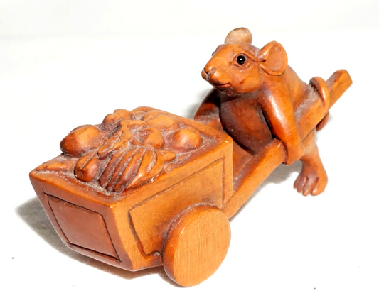 Vintage Japanese Carved Wooden Netsuke Mouse Pushing a Cart (FeH