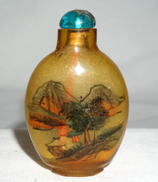 Vintage Chinese Reverse Painted Glass Snuff Bottle w. Landscape Motifs (LLA)