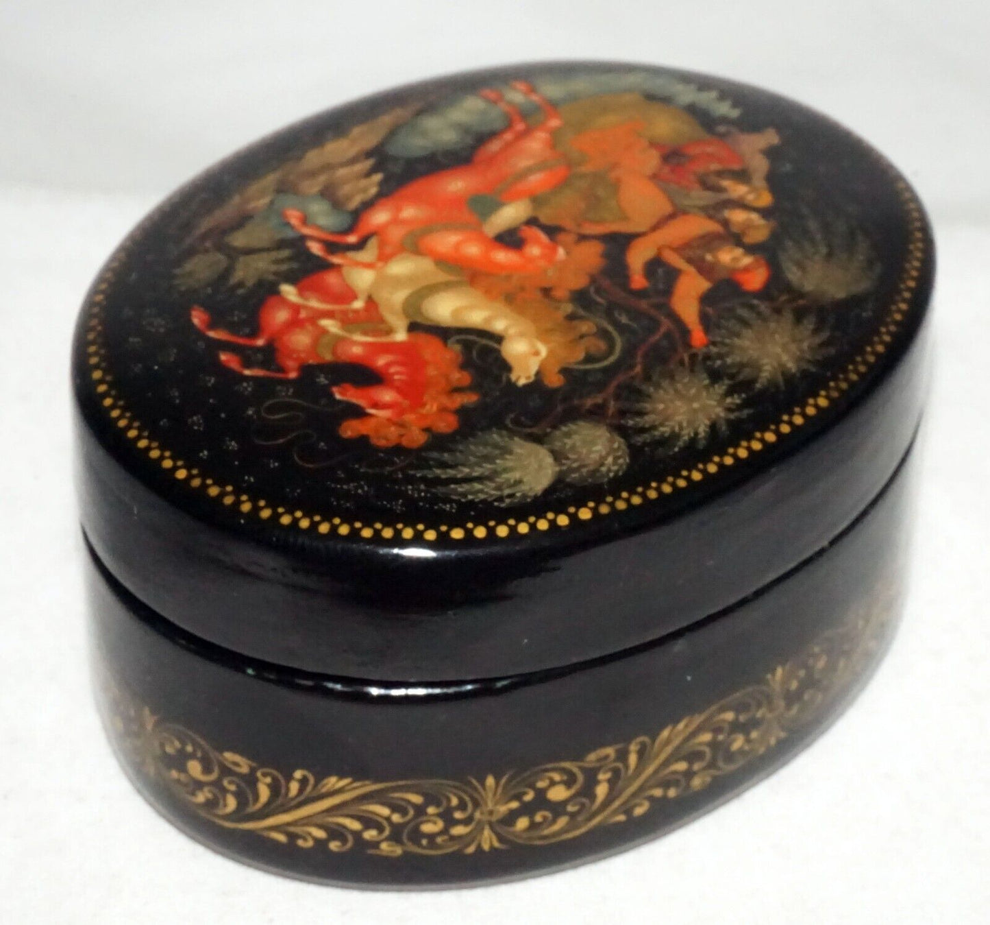 Vintage Russian Lacquer Box Three Figures in a Horse Drawn Sleigh signed (AHB)