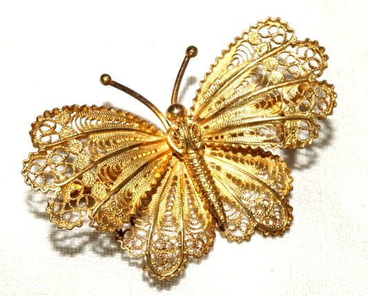 Vintage Gold-Washed 800 Silver Filigree Butterfly Brooch Pin (InS)#L1