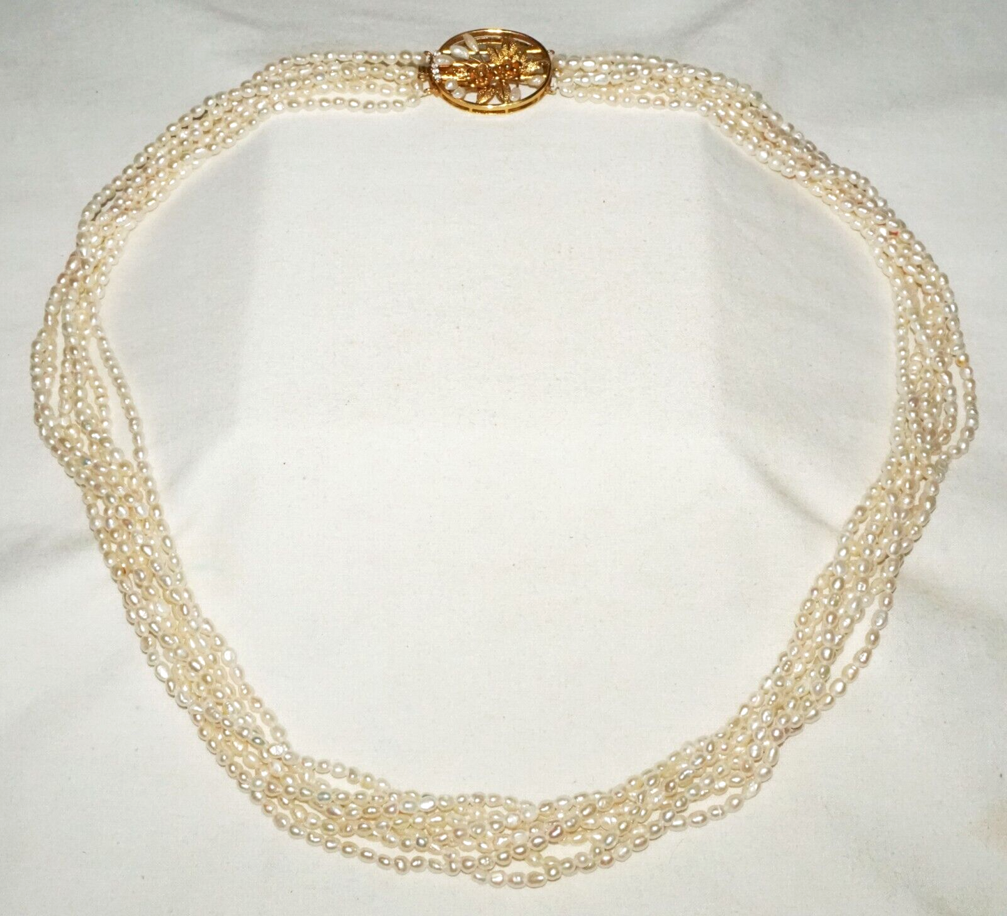 Vtg. 7x Strand Mini Baroque Pearl Necklace w. Gold Plated Floral Clasp (GoB) #20