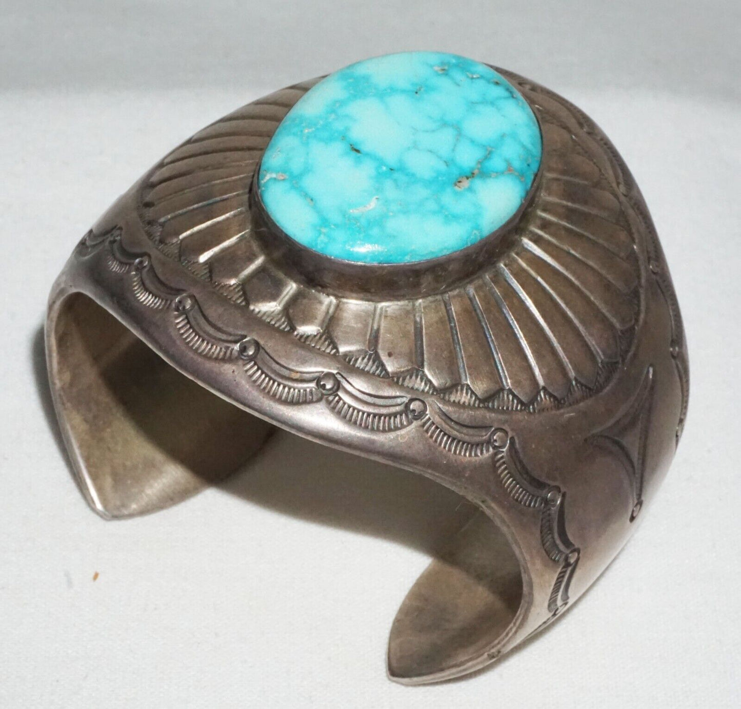 Vintage Navajo Heavy Sterling Silver Bracelet w. Turquoise Harvey Mace (GeB)#17