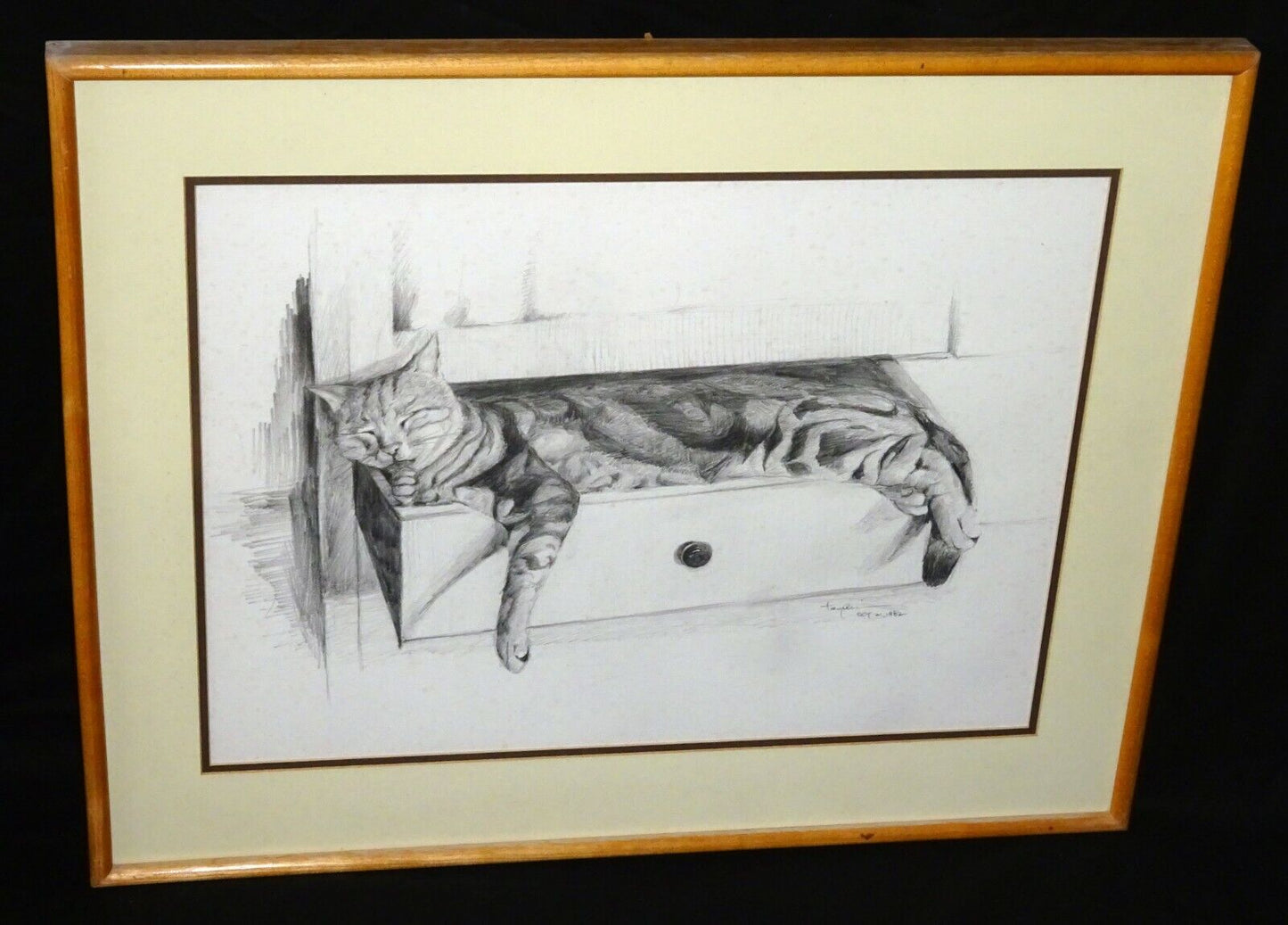 1982 Hawaii Pencil Drawing Kitty Cat in a Drawer Hiroshi Tagami (1929-2014)(ZiK)