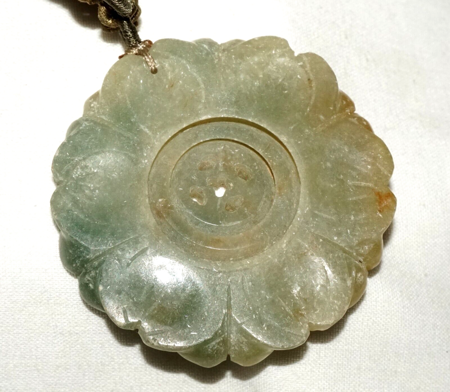 Antique Chinese Jade Carved Flower Pendant w. Double Spinning Center (LeS)L24