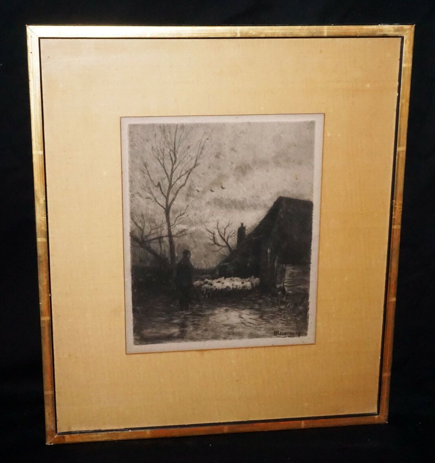 1890s German Etching Print Shepherd before Dawn Helmut Liesegang (1858-1945)(***