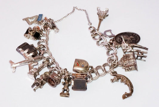 16Pc x Vintage Silver & Silver Plated Assembled Travel Charm Bracelet (Pas)