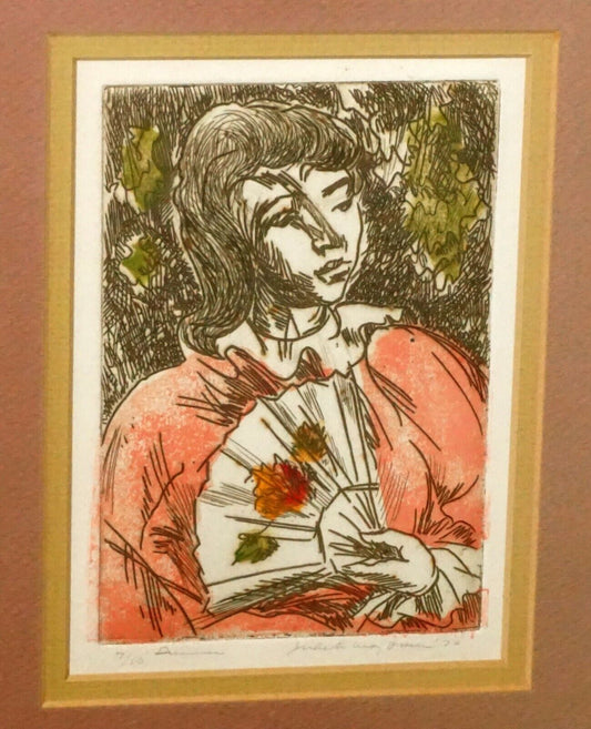 '70s Hawaii Color Etching Print Summer Girl w. Fan by Juliette May Fraser (MaM)