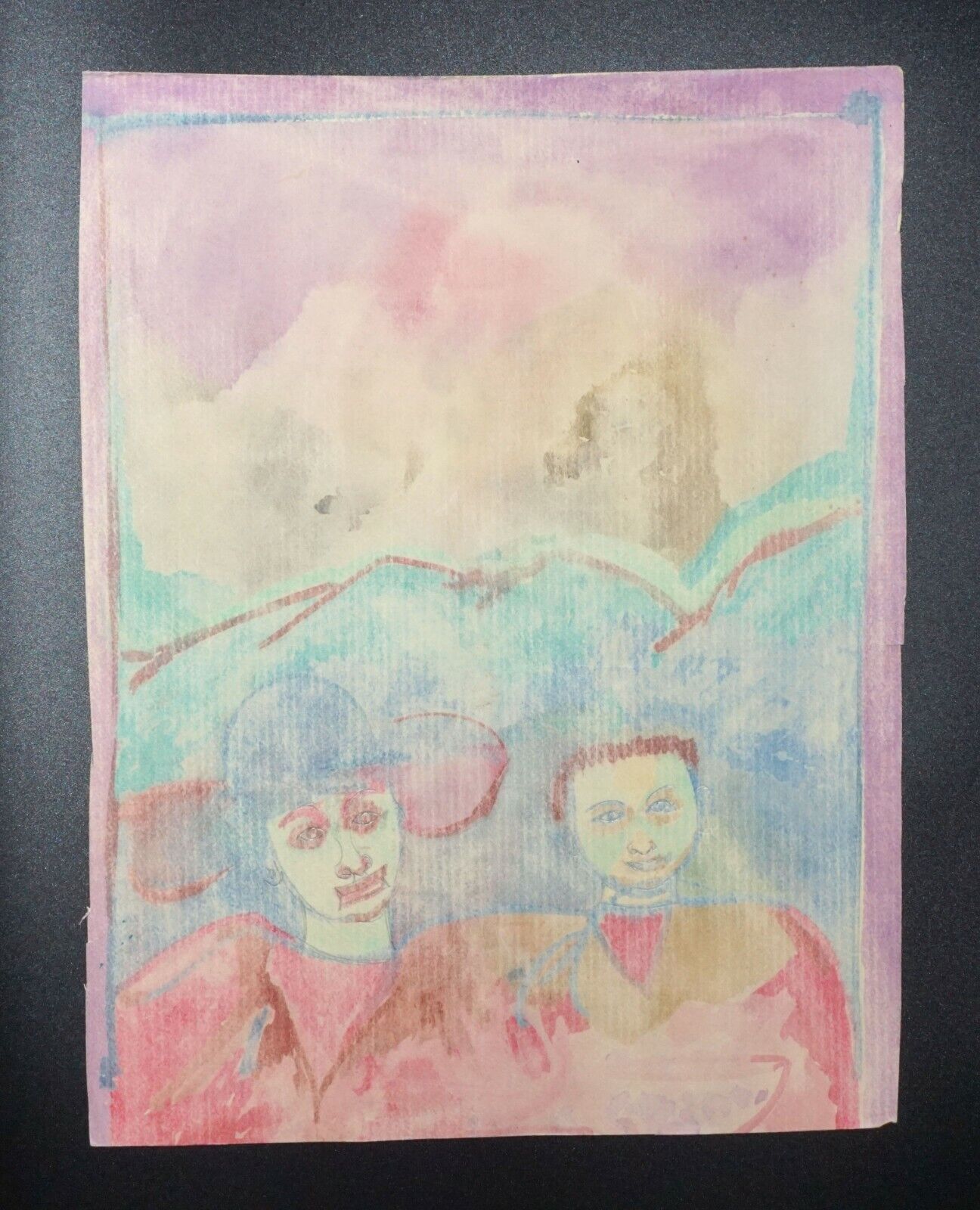 '80s France Hawaii Outsider Art WC Painting Mother & Son Claude Vedel (EtJ)#43