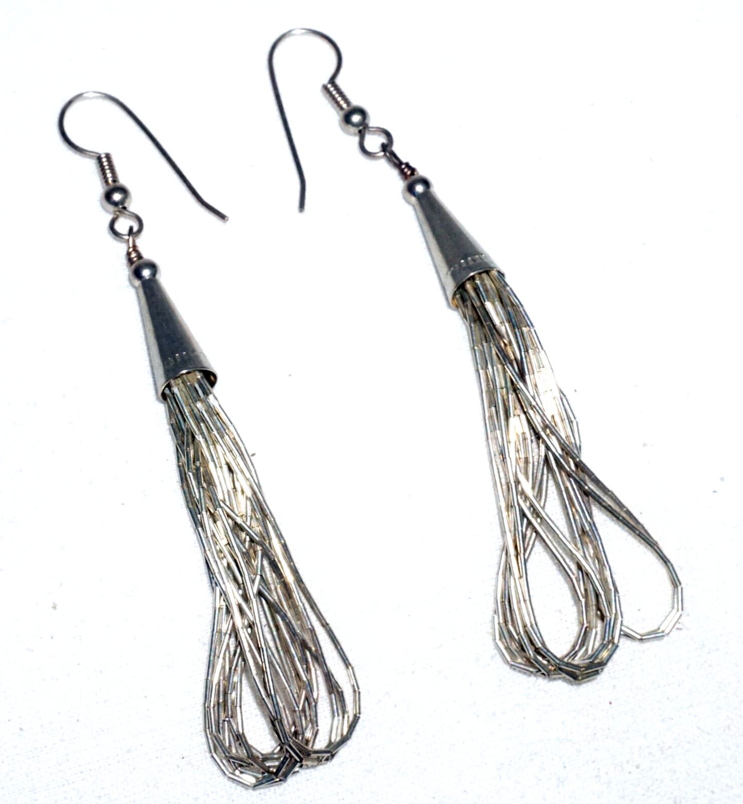 Vintage Unmarked Silver Alloy Dangle Earrings w. Tubular Bead Strands (---)