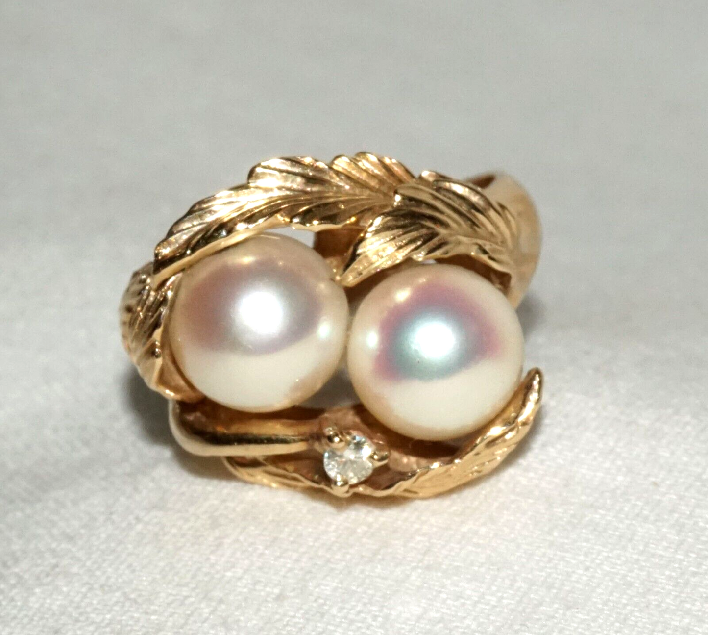 Vintage US 14k Yellow Gold Ring Sz.6.5 w. 2x Pearls & 1x Diamond Accent (FeD)