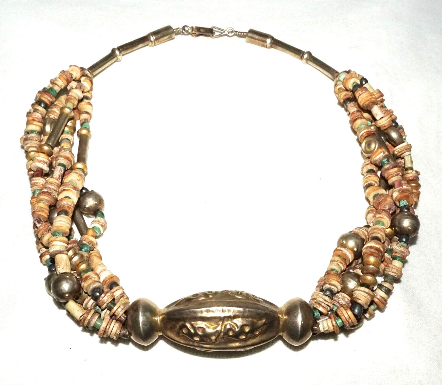 12C Peru Chimu Excavated Shell & Stone Bead Necklace w. Silver Clasp (DaJ)