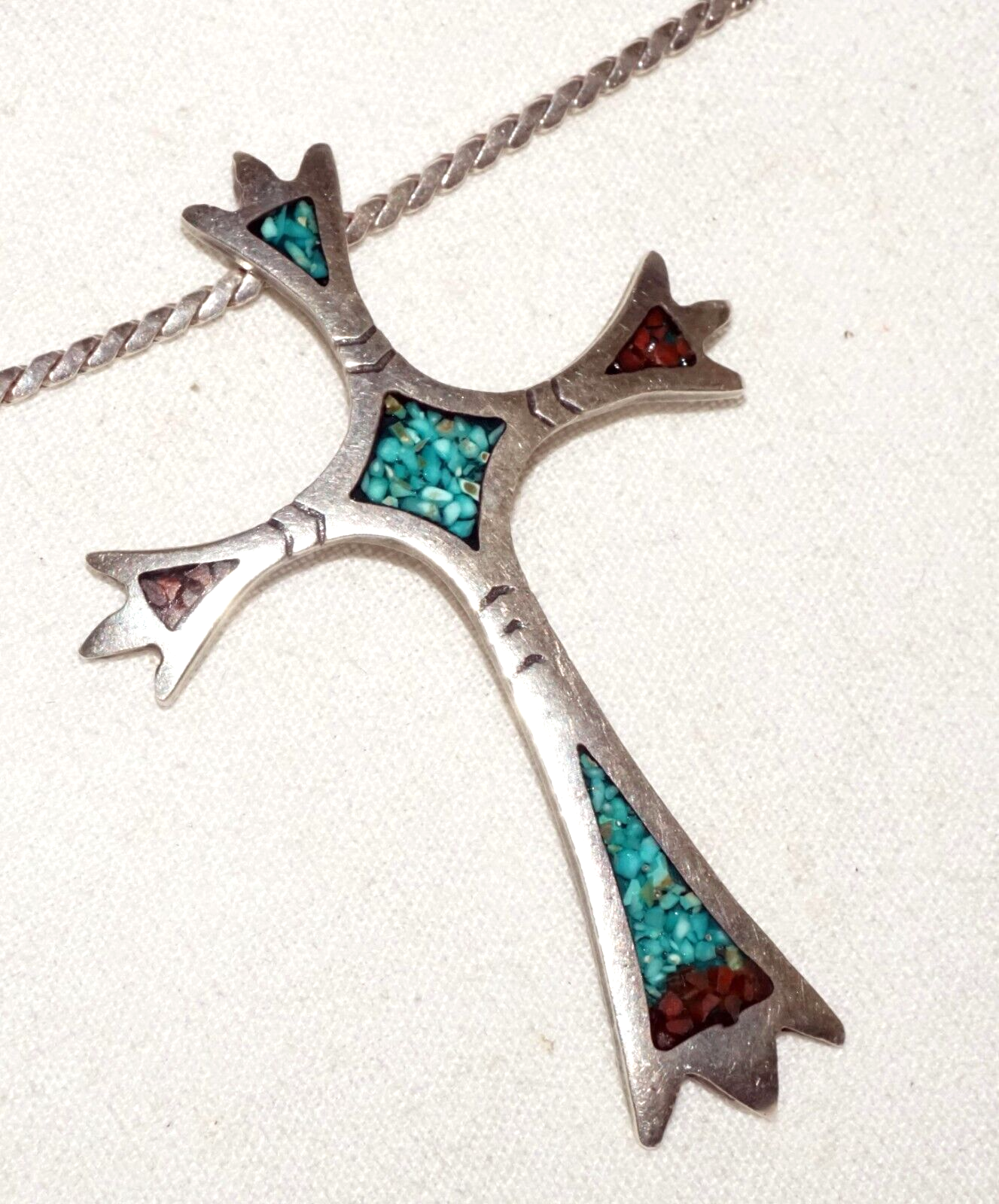 Vtg S.W. US Sterling Silver Necklace & Cross Pendant w. Turquoise & Coral (BeM)