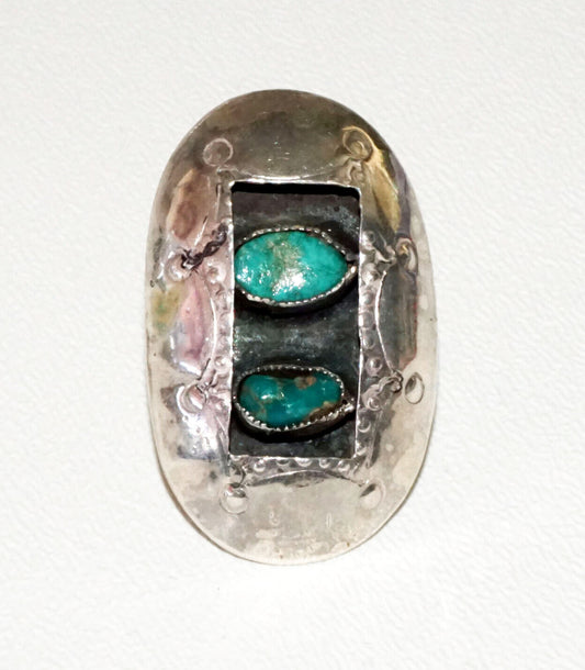 Vintage Oval Silver Ring Sz 7 set w. 2x Turquoise Cabochons unsigned (RgR)