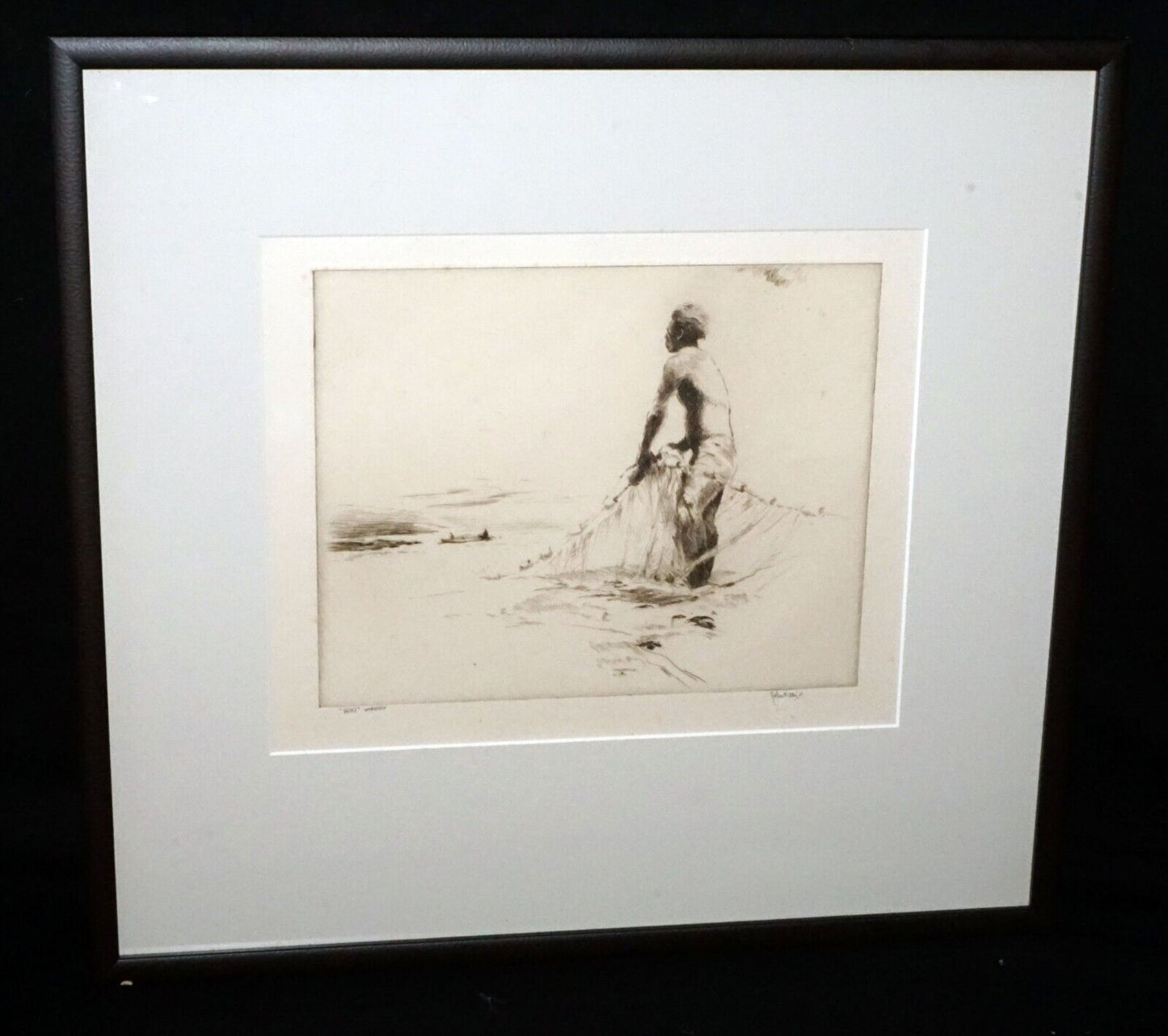 1934 Hawaii Etching Print "Huki" Net Fisherman by John M. Kelly (1879-1962) (+)