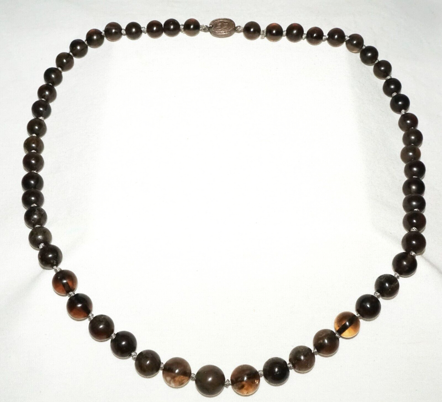 Vintage Chinese Smokey Quartz Bead Necklace w. Silver Clasp 25" (InS)#L2