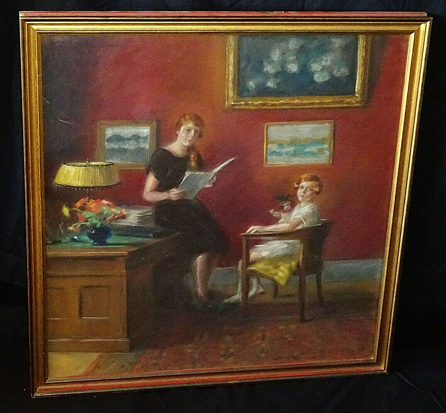 1925 US Pastel Painting Interior w. Mother & Daughter by illegibly signed (ScD)