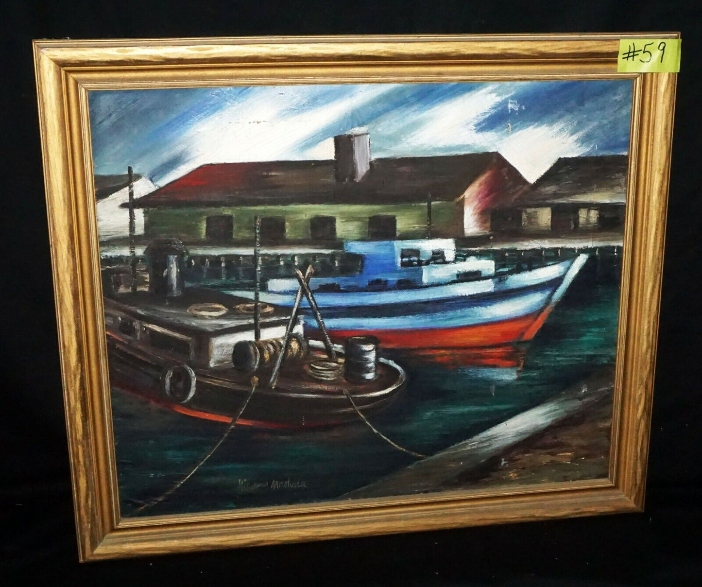 '30s Hawaii Oil Painting "Harbor View" by Hiromu Machara Hui Nani Art Club (***)