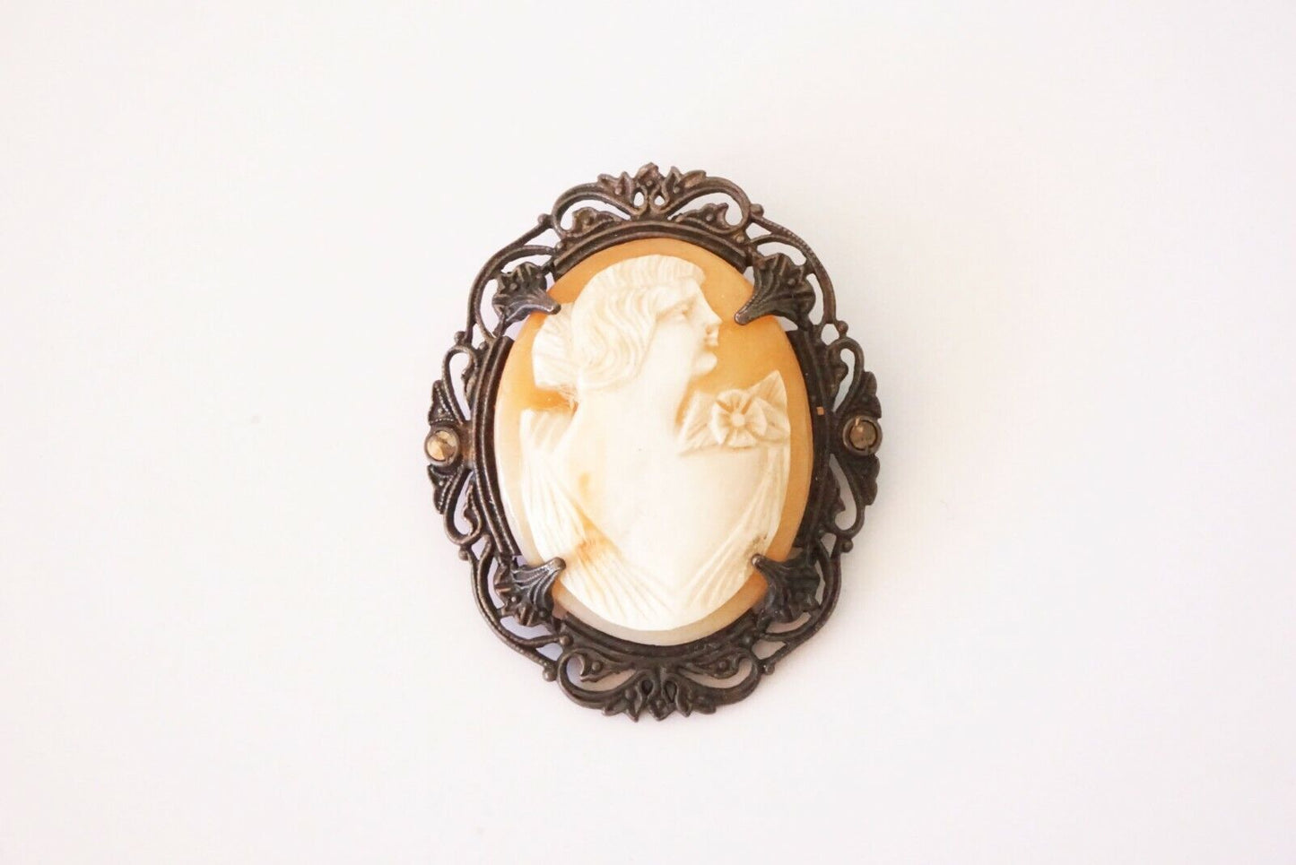 Vintage Black Patinated Metal set Oval Shell Cameo Womans Bust Motif Aboh)