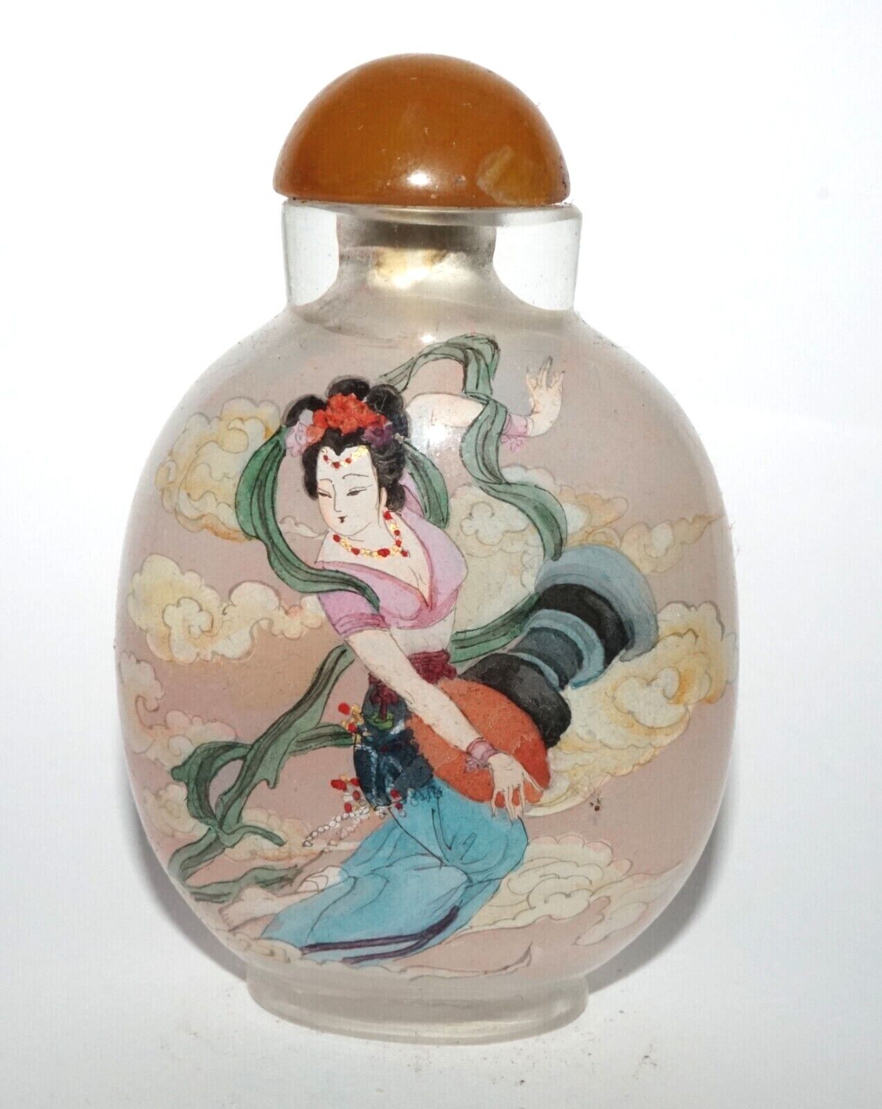 Vintage Chinese Reverse Painted Glass Snuff Bottle w Woman Motifs (LeS) G12